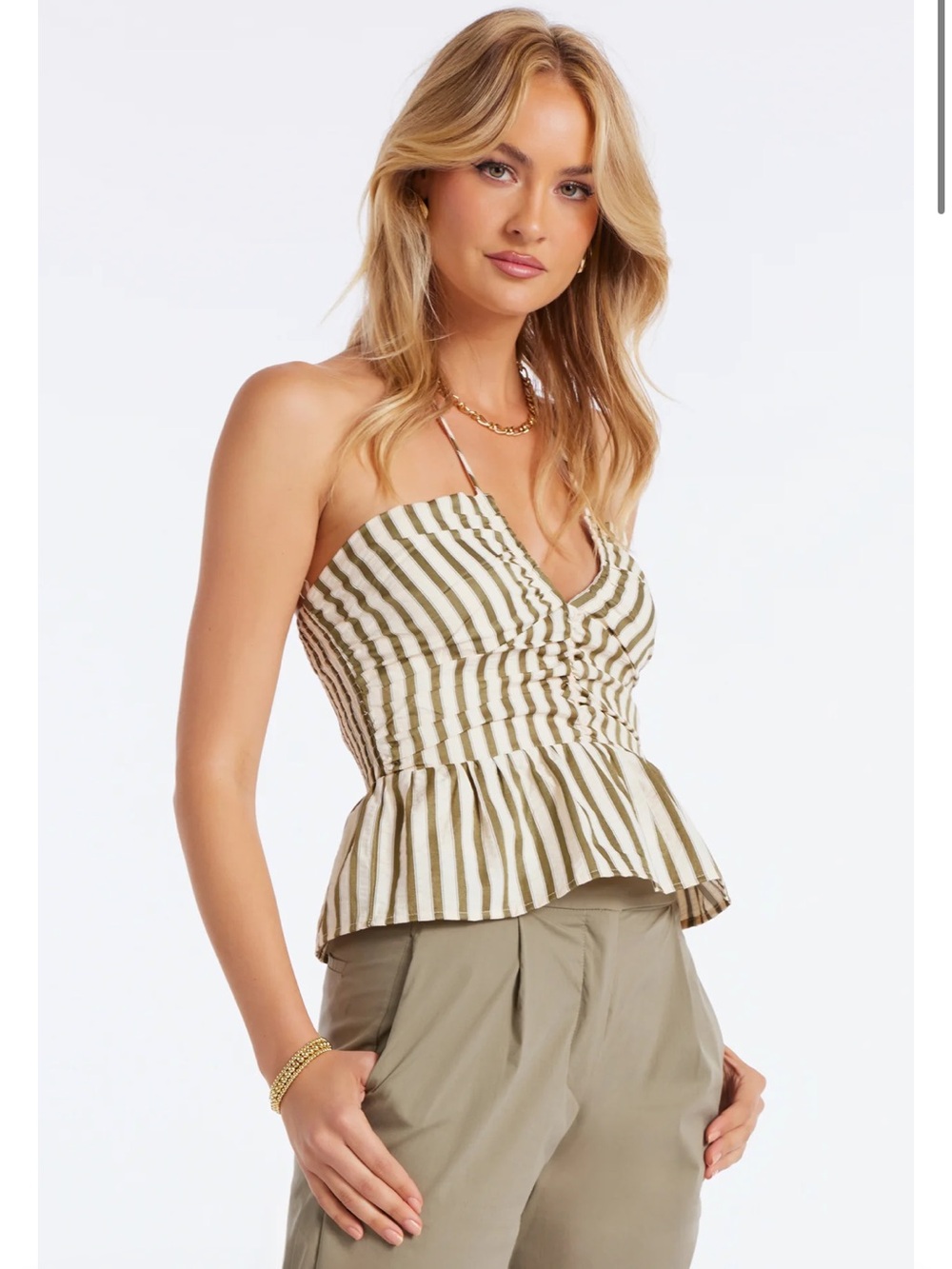 bishop + young Aeries Halter Top Olive and Cream Striped Halter Peplum Top